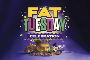 fat tuesday celebration with image of mardi gras mask and beads